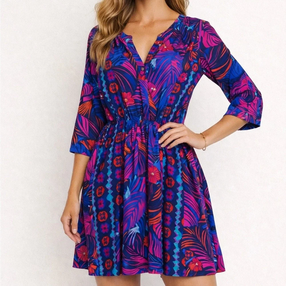 Tori Richard Tropical Print Mini Sundress Size S Blue Pink Stretch Summer Beach